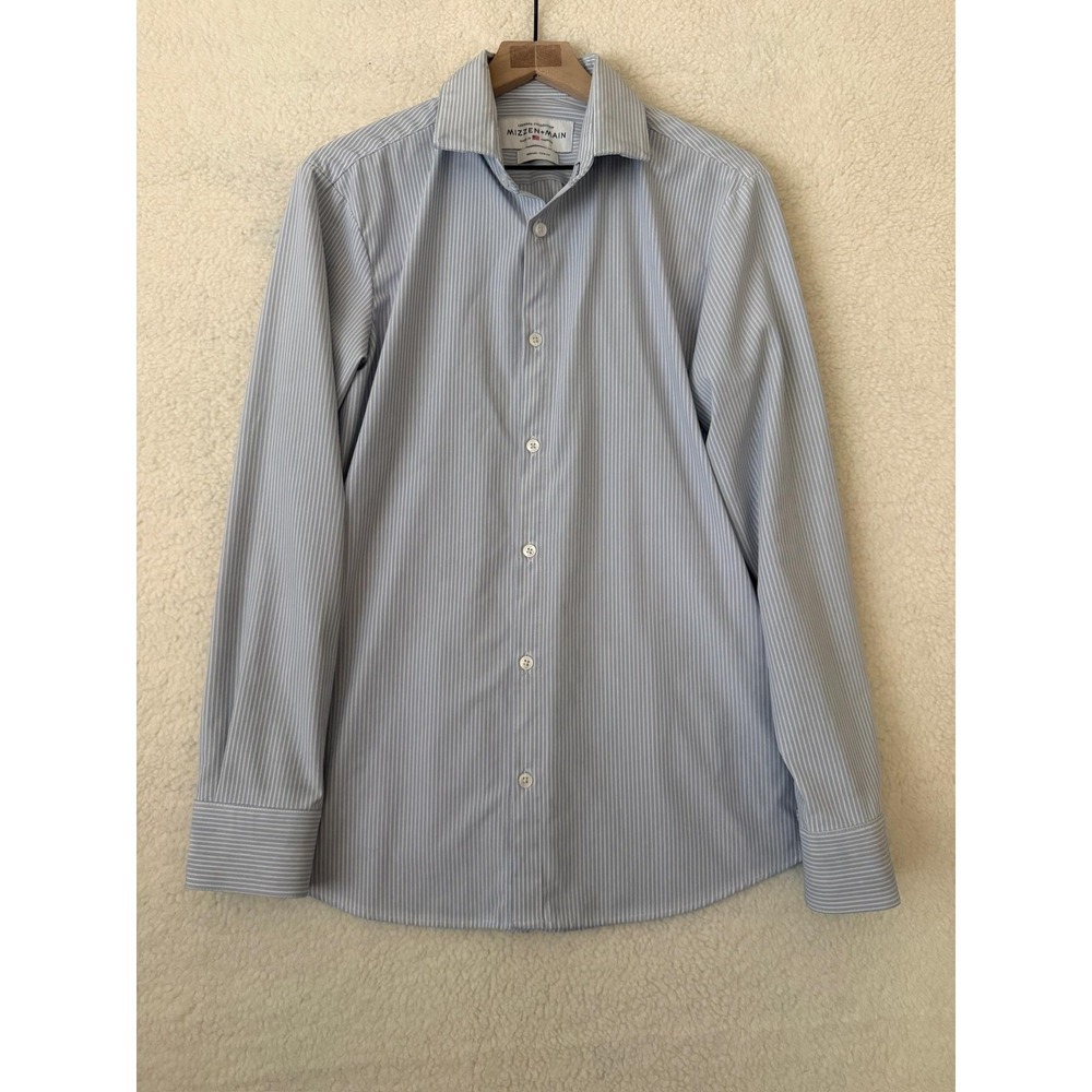 Mizzen+Main Leeward Dress Shirt Mens Medium Blue Stripe Trim Fit Stretch USA LS